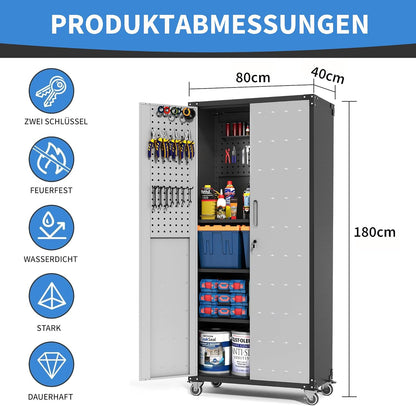 Metalen garagekast zwart/grijs – Gereedschapskast – Werkplaatskast – Opbergkast – Rollende gereedschapskast – 3 verstelbare planken en steekbord – 180 x 80 x 40 cm, koudgewalst staal