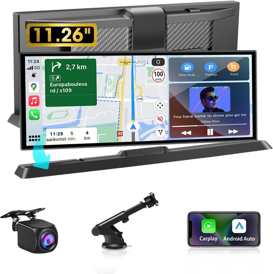 11,26 inch Carplay Display Wireless CarPlay & Android Auto Display Buddy Display met 1080p achteruitrijcamera, Car Play scherm met Bluetooth/GPS-navigatie/spraakherkenning/OEM Style houder