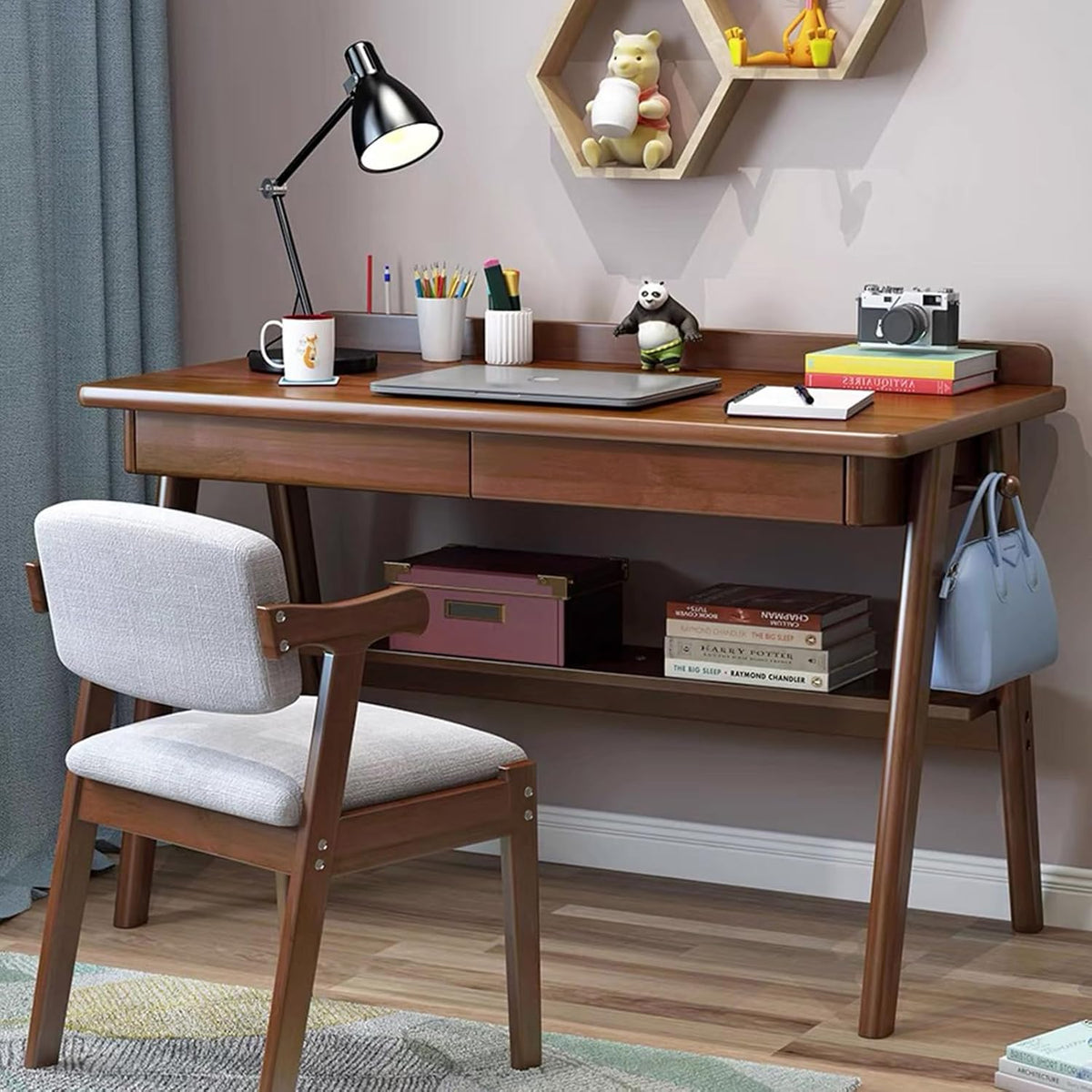 Bureau met 2 Laden, Computer Bureau, Walnoot Massief Houten Bureau, Werktafel om Studeren en Schrijven, PC-Tafel voor Thuis en Kantoor, 120 x 60 x 75 cm, Walnoot