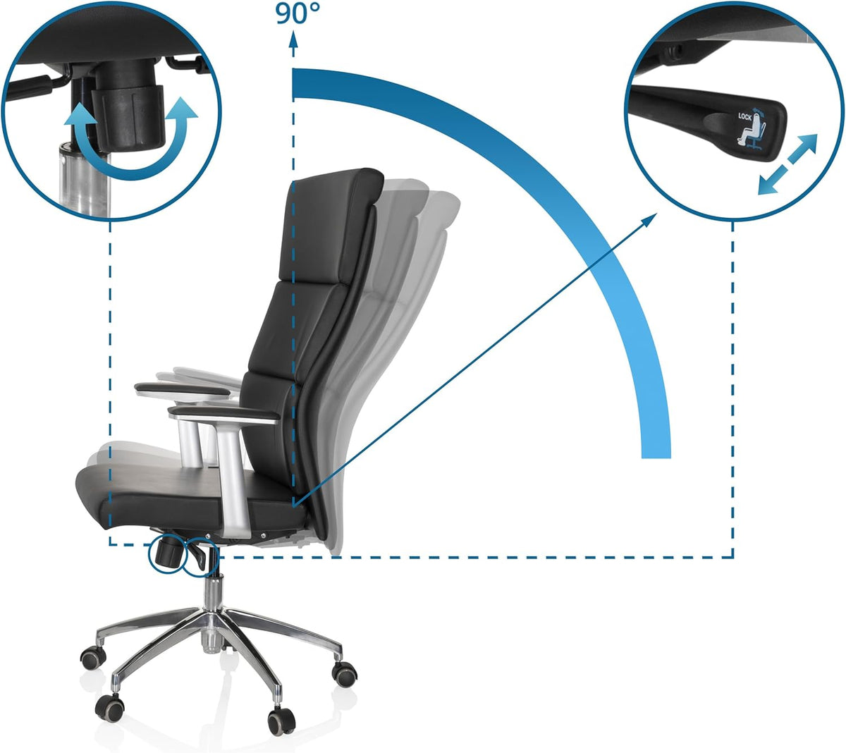 hjh OFFICE 600400 directiestoel MONZA 20 leder zwart bureaustoel bureaustoel bekleed hoge rugleuning