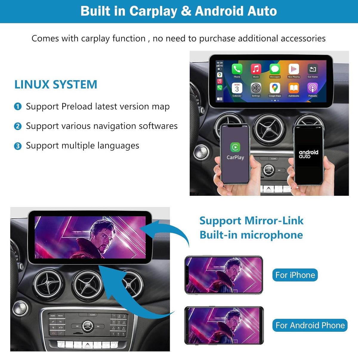 Ninetom 10.25 Inch Car Radio with Touch Screen for 2015-2018 Mercedes Benz A/C/V Class GLA CLA W176 W246 C117 X117 X156 W447 with NTG 5.0/5.1/5.2, Supports Apple Carplay/Android Auto/Mirrorlink - QUORE