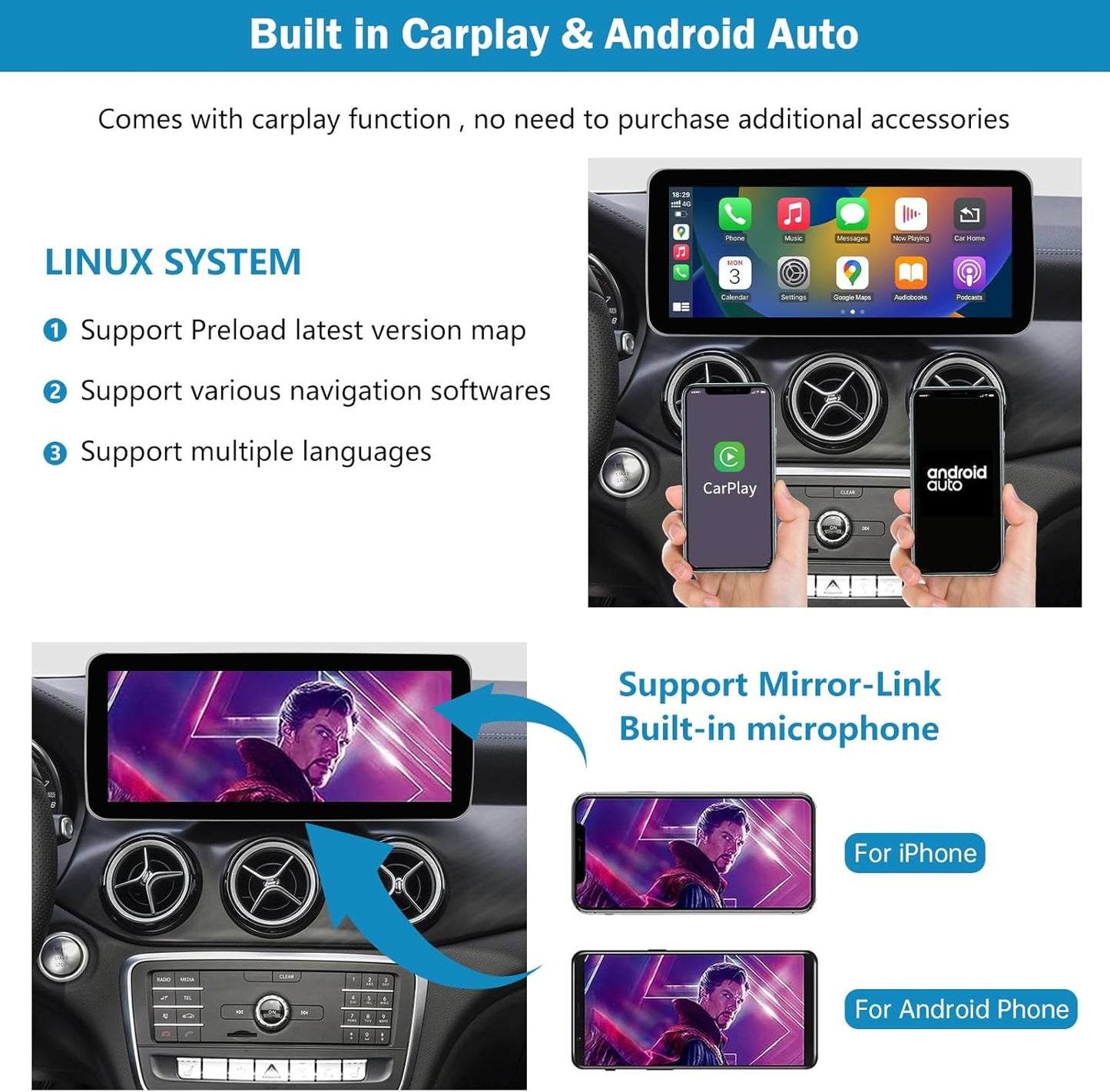 Autoradio – Auto Radio – Multimedia Radio – Inbouw Radio – Touchscreen – 12,3 Inch HD Scherm – Draadloos Apple Carplay & Android Auto – Compatibel NTG 5.0/5.1/5.2 Mercedes Benz 2015-2018
