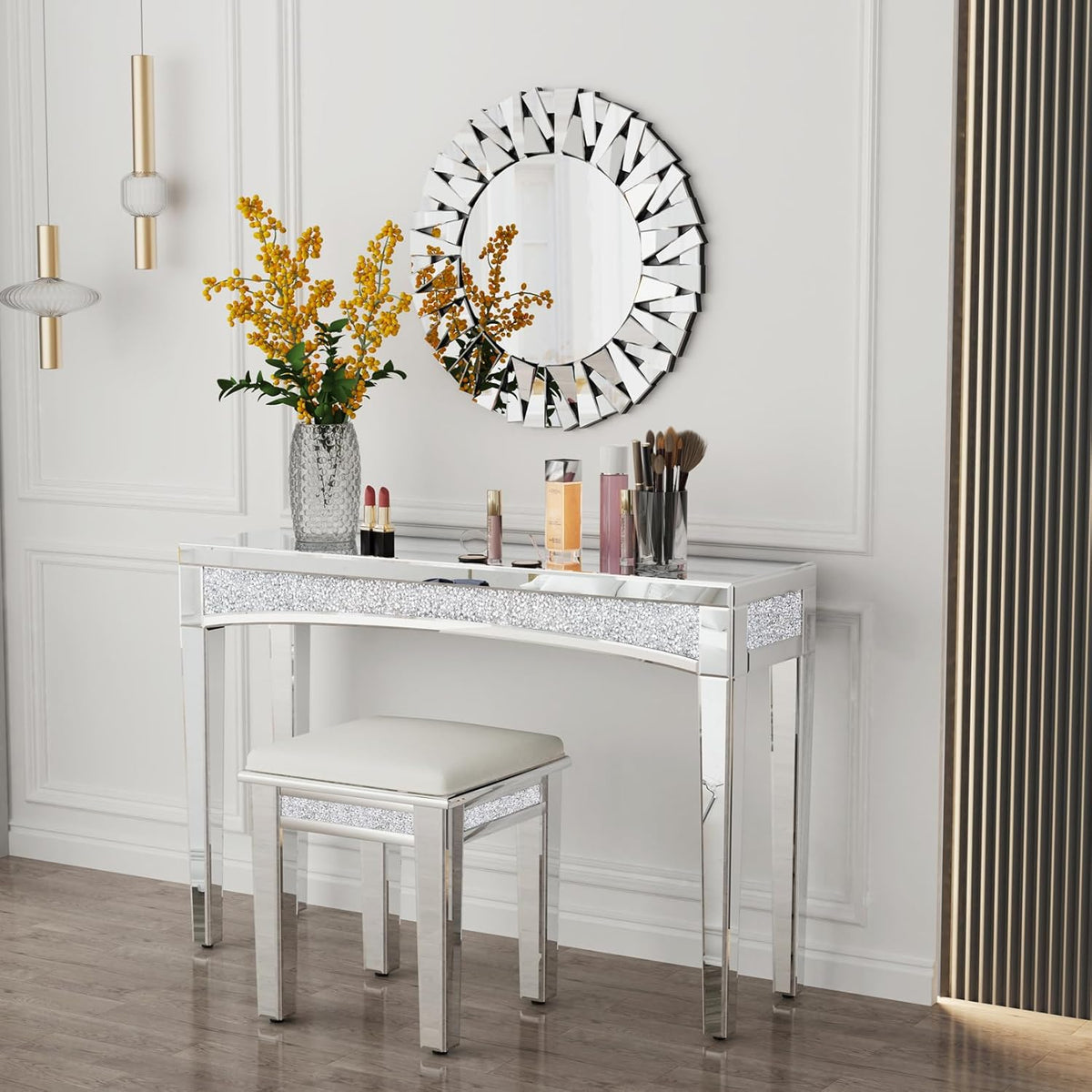 Consoletafel met spiegeloppervlak: 120 x 35 x 80 cm, moderne zilveren haltafel van glas met glanzende diamanten, luxe decoratie voor hal, kaptafel, woonkamer, slaapkamer