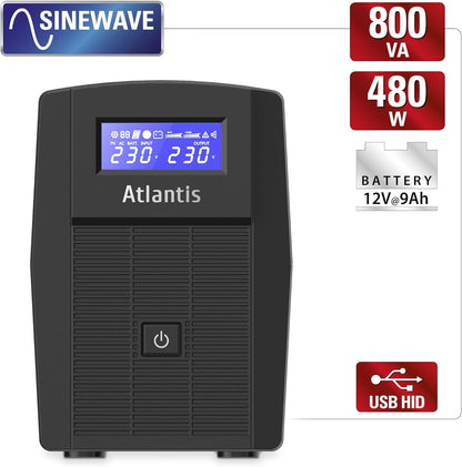 Atlantis A03-HP1003 Ononderbroken stroomvoorziening, zuivere sinusgolf, 800 VA 480 W Line Interactive, LCD-display, USB-HID-aansluiting, 2 Shuko-uitgangen + Alim-kabel, 1 accu 12 V-9 Ah,