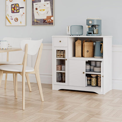 HOCSOK Sideboard, Kitchen Cabinet with Microwave Rack, with Doors and Drawers, Storage Cabinet for Dining Room and Kitchen, 90 x 40 x 82 cm, White - QUORE