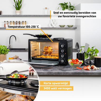 TZS First Austria - Minibakoven met kookplaten 60L 3200 W - Mini oven pizzaoven met kookplaten tot 230°C & 6 verwarmingsmodi - Minioven combi-apparaat met 4 inschuifhoogtes & hoogwaardig accessoires