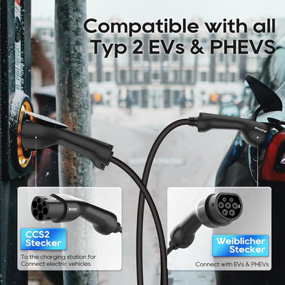 Type 2 Oplaadkabel – EV Laadkabel – Elektrische Auto Kabel – Snellader Kabel – PHEV Oplaadkabel – 22 kW 32 A 3-Fase – 5 Meter – IP65 Waterdicht – Inclusief Draagtas