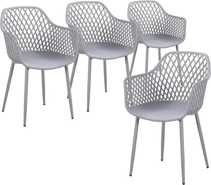 Eetkamerstoelen met armleuningen, uitgehold ruitpatroon, tuinstoelen, set van 4, grijs