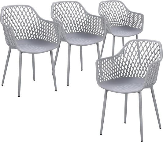 Eetkamerstoelen met armleuningen, uitgehold ruitpatroon, tuinstoelen, set van 4, grijs