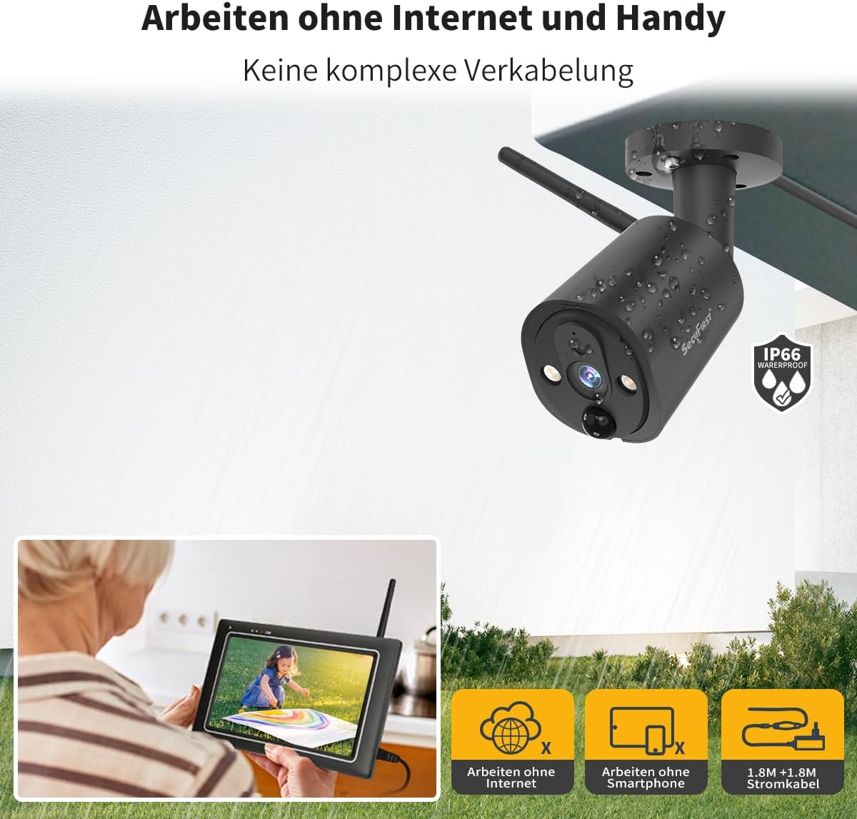 SecuFirst Bewakingscamera voor buiten, kit met binnenmonitor, 7 inch touchscreen met 2 TB uitbreidbaar geheugen, werken zonder wifi, 2K camerabewaking buiten, 32 GB lokaal geheugen.