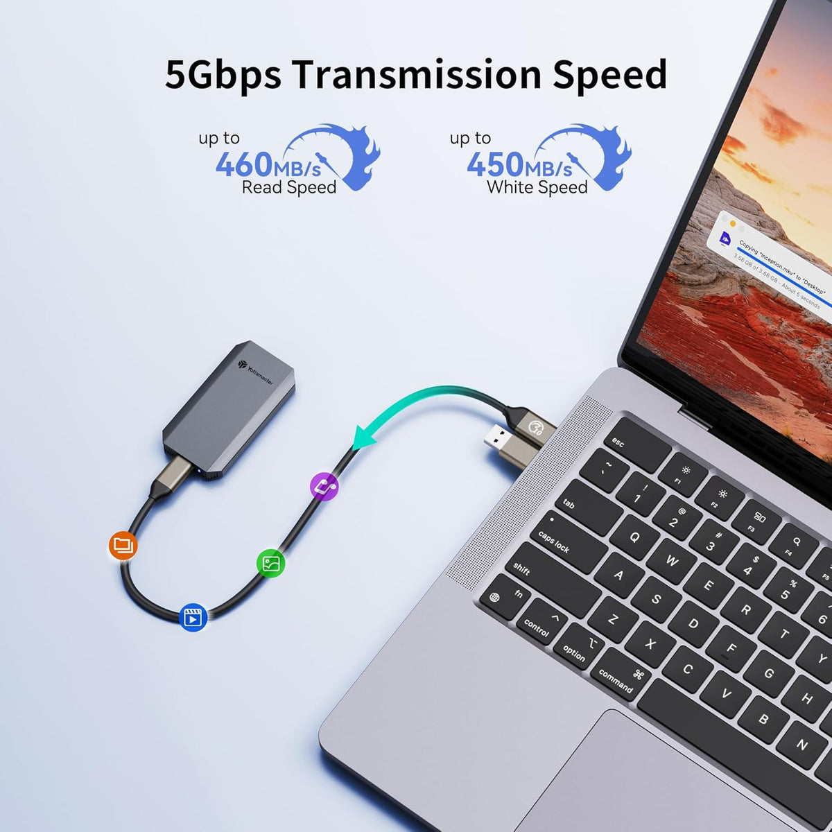 Yottamaster 2TB External SSD, up to 460MB/s, 2-in-1 USB-C/A Cable with Carry Strap, Portable SSD, Compatible with iPhone 16/Smartphone/Tablet/Laptop - QUORE
