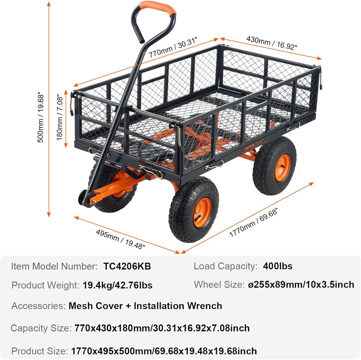VEVOR Garden trolley made of metal with easy to assemble frame, tilting handcart with reversible 2-in-1 handle, multifunctional wheelbarrow with 180 kg load capacity, 25.5 cm tyres