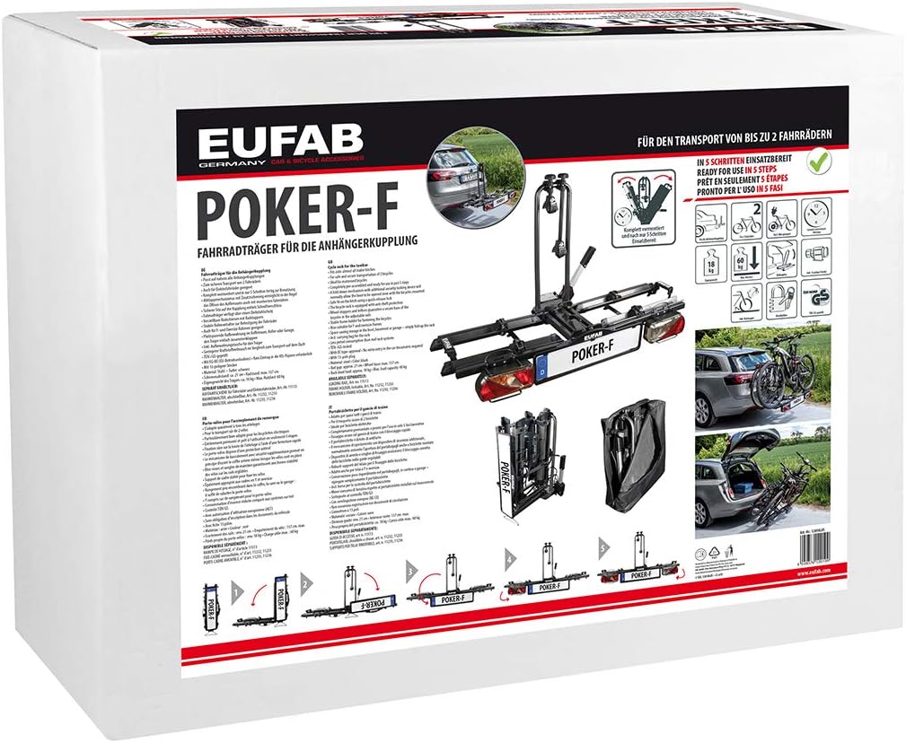 EUFAB 12010LAS POKER-F Bicycle Carrier for E-Bike, Fully Pre-Assembled, Anti-Theft Protection, for 2 Bikes, for Towbar - QUORE