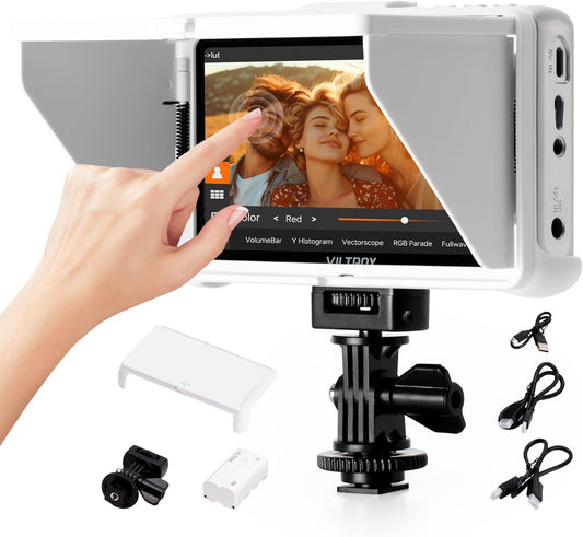 VILTROX DC-V1 5,5 inch Touchscreen Camera Veldmonitor DSLR-monitor met 3D LUT Golfvorm 400Nits 160 ° Brede kijkhoek 1920X1080 IPS 4K HDMI Loop in/Out Video Peaking Focus Assist, Batterij/Zonnescherm