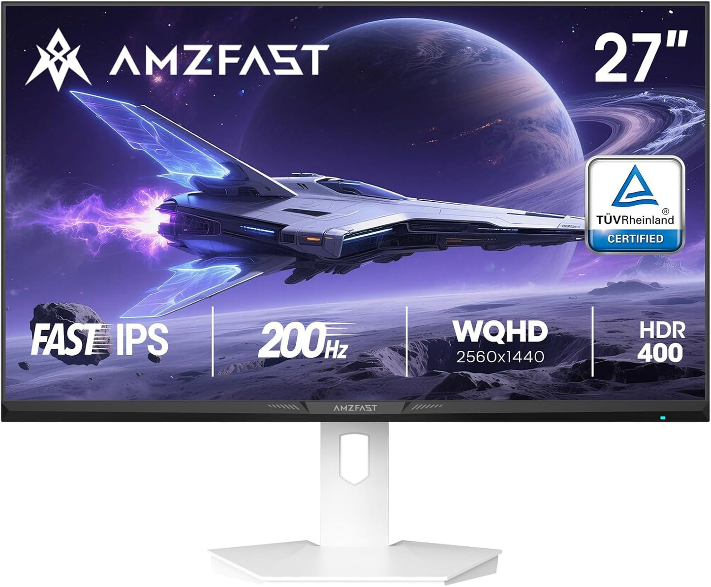 Amzfast Monitor da Gaming 27 Inch – 200Hz, QHD 2560x1440, Rapido IPS, 1ms GtG, 95% DCI-P3, 130% sRGB, HDR, Adaptive Sync, VESA 100 * 100, HDMI 2.0 * 2/DP 1.4 * 2 con Cavo, White - AMZG27F27Ft 6Q - QUORE