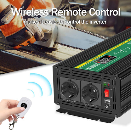 JIGUUN 2000W omvormer 12v naar 230v zuivere sinus Converter inverter met draadloze afstandsbediening LCD-scherm 2 EU & 1 USB-poort Piekvermogen 4000W voor auto, camping, reizen,noodgeval