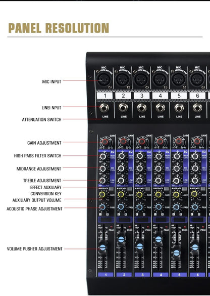 MX-120 professionele mix (12-kanalen), DSP effector voor het opnemen van DJ podium karaoke, met USB drive voor opname ingang, XLR microfoonstekker, 48V voeding, RCA uitgang