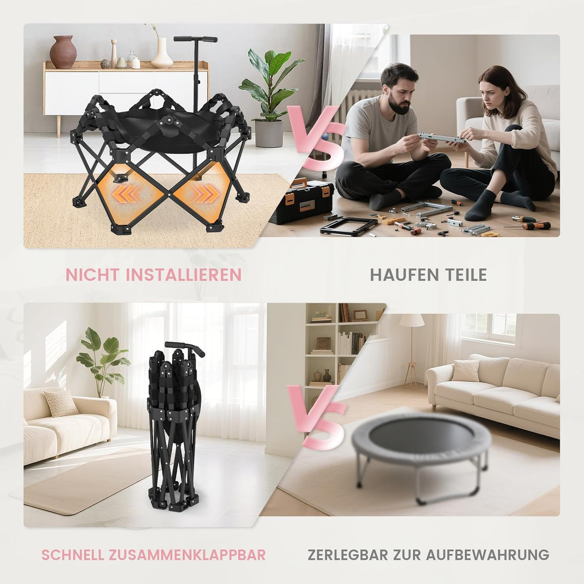 Fitness trampoline Ø106,5 cm – opvouwbare volwassen trampoline met verstelbare handgreep en veerkrachtig compact ontwerp – stil trampoline voor thuis workout