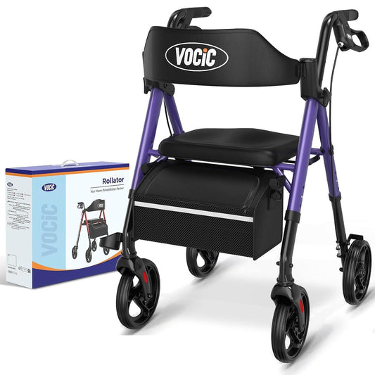 VOCIC Rollator, opvouwbaar en licht, met zitje, Rollators Smal voor woning, Rollatoren voor senioren Opvouwbaar met 20 cm banden voor alle terreinen, zitje en handvat in hoogte verstelbaar, paars