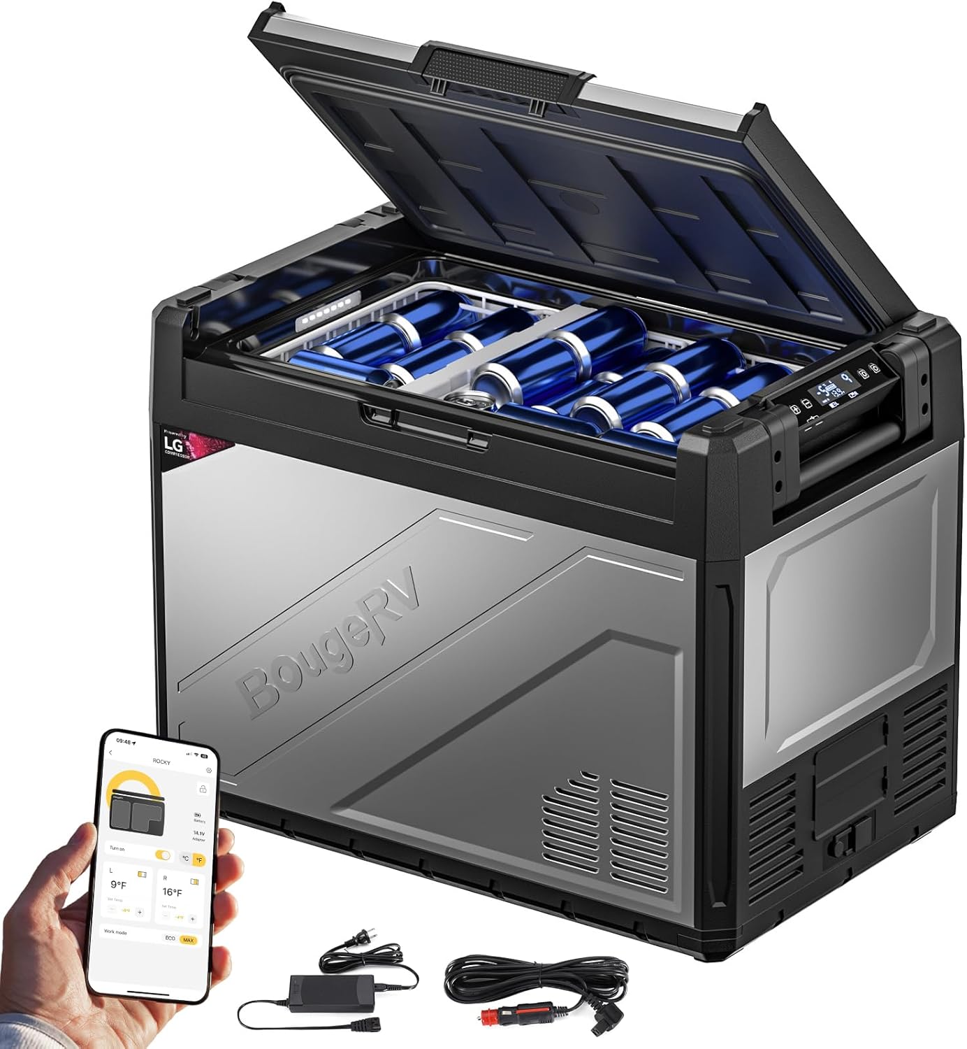 BougeRV Rocky2 Autokoelbox, 65 liter, 12 V, 230 V, met 5,7 cc compressor-koelbox, dual zone met vriesvak, app-bediening, afneembare scheidingswand, autokoelkast, 12/24 V, camping, reizen, boot, vissen