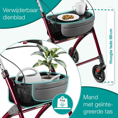 ELONEO Lichtgewicht Rollator voor Binnen - 54 cm Breed, Opvouwbaar Looprek met Dienblad en Stoffen Mandje, Smalle Rollator van Aluminium, Inklapbaar Mobiliteitshulpmiddel, Rood