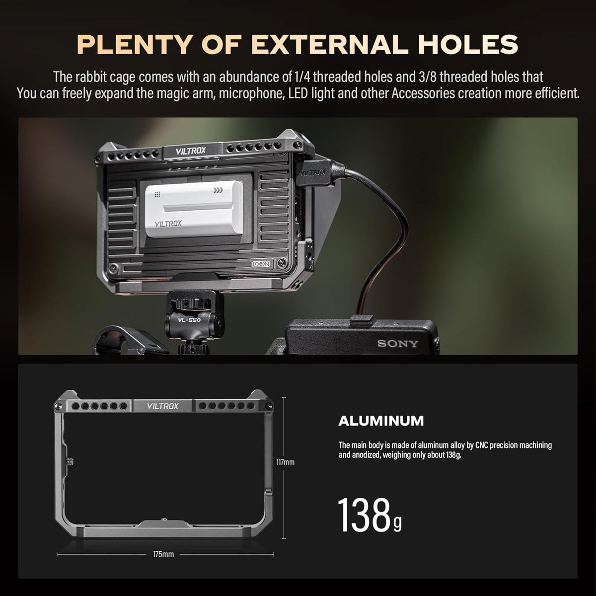 VILTROX DC-X2 DCX2 Rig Cage Kit camera fieldmonitor touchscreen met 2000Nit 6 inch 4K HDMI cameramonitor met accu Full HD 1920x1080 IPS 3D LUT met zonnekap voor Sony Canon Nikon DSLR