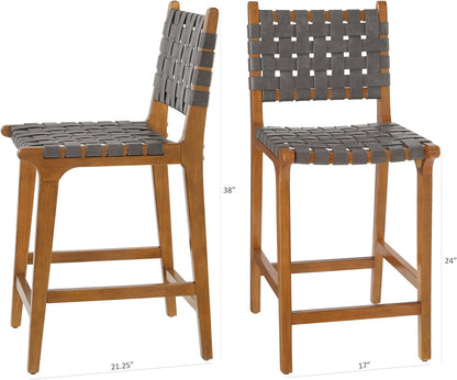 Ball & Cast Woven Counter Stool Kitchen Counter Hoogte Barstool Backrest Wooden Weave Stool, Dark Grey Faux Leather