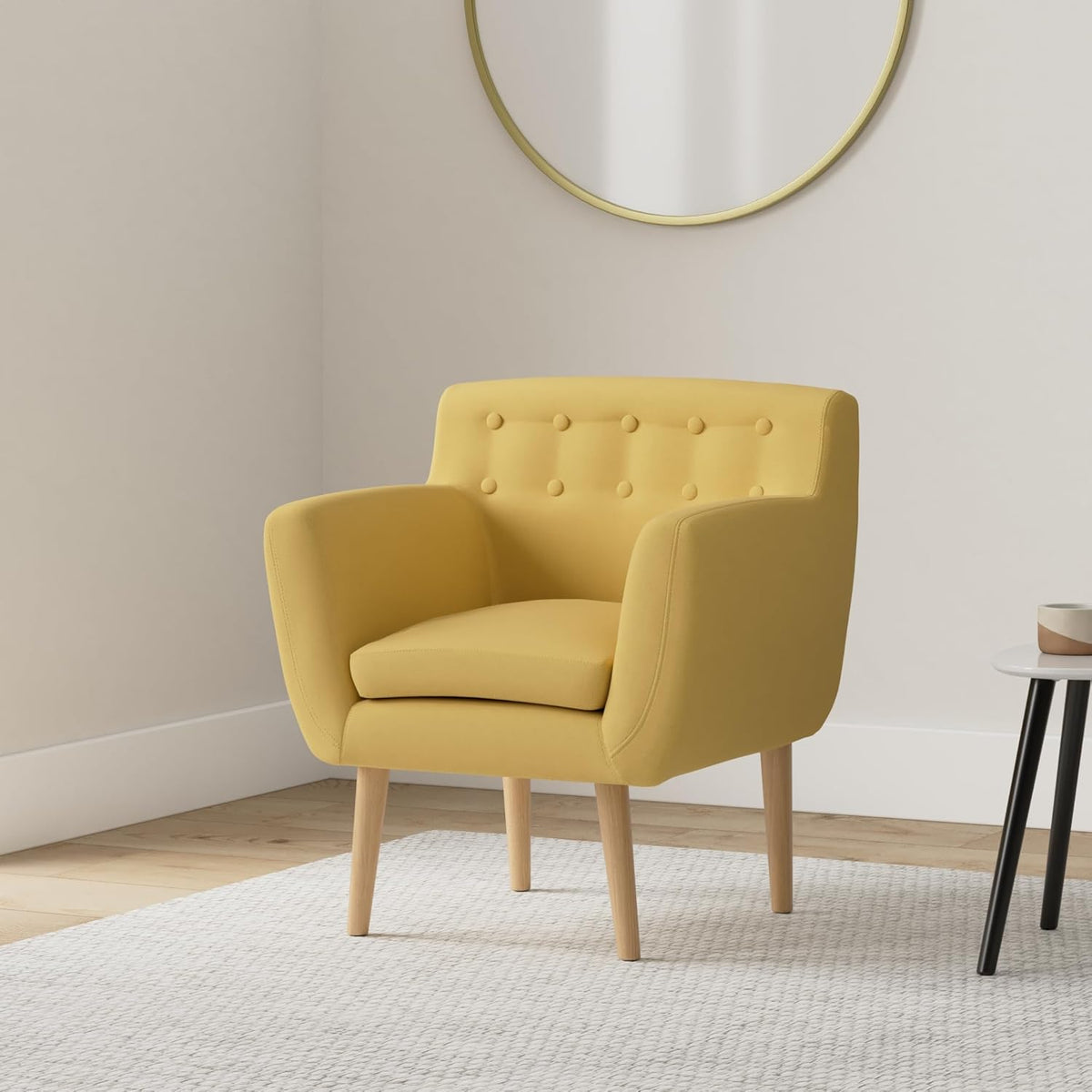 Fauteuil – Armstoel – Relaxfauteuil – Zetel – Stoel – Gele Stof – Houten Frame – Compact Design 67x59x77 cm