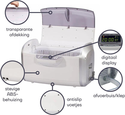 Perel Ultrasoon reiniger 6 L, ultrasonic cleaner 35 kHz, sieradenreiniger voor brillen horloges gebit munten sleutels, rvs tank, digitale timer en temperatuurregeling, aftapkraan, krasvrij, wit