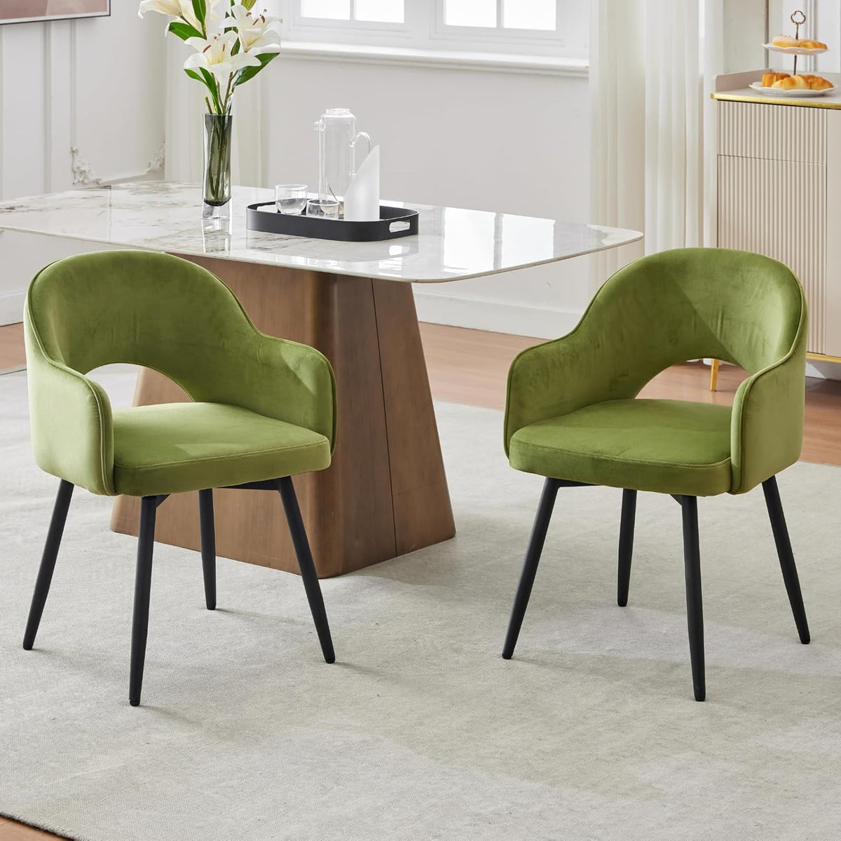 Draaistoelen Eetkamerstoelen – Keukenstoelen – Fluwelen Stoelen – Swivel Stoelen – Set van 2 – Zachte Fluwelen Bekleding – 360° Draaibaar Met Armleuning - QUORE