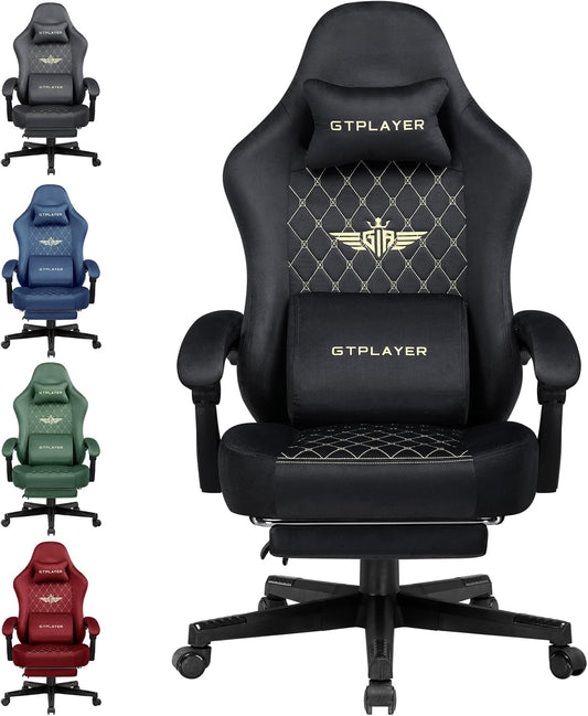 GTPLAYER Gaming Chair, Fabric Gaming Chair, Ergonomic Desk, PC Chair, 150 kg, Adjustable and Swivel Table Chair with Spring Seat Cushion and Footrest, Black - QUORE