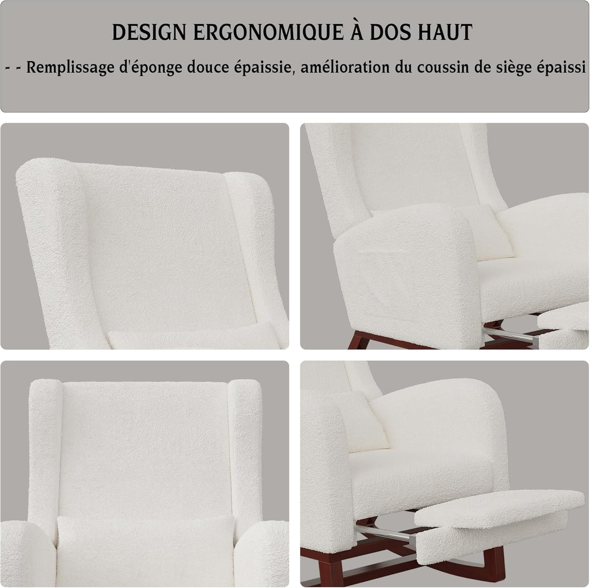 Schommelstoel – Relaxstoel – Wiegstoel – Leesstoel – Borstvoedingsstoel – Sherpa Offwhite Stof – Ergonomische Rugondersteuning met Voetenbank