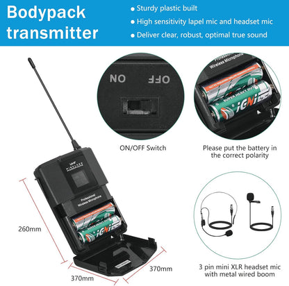 Draadloos microfoonsysteem – Draadloze microfoonset – UHF microfoonset – Karaoke microfoonset – 4-Kanaals Set Met 2 Handmicrofoons, 2 Bodypacks En 2 Headsets – Stabiele Vaste Frequentie – Metalen Behuizing