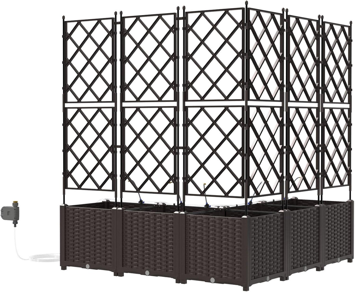 Garden Pots with Irrigation System, 5 Pieces, Brown, Square, Large with Extendable Trellis for Climbing Plants, Robust Plastic Construction - QUORE