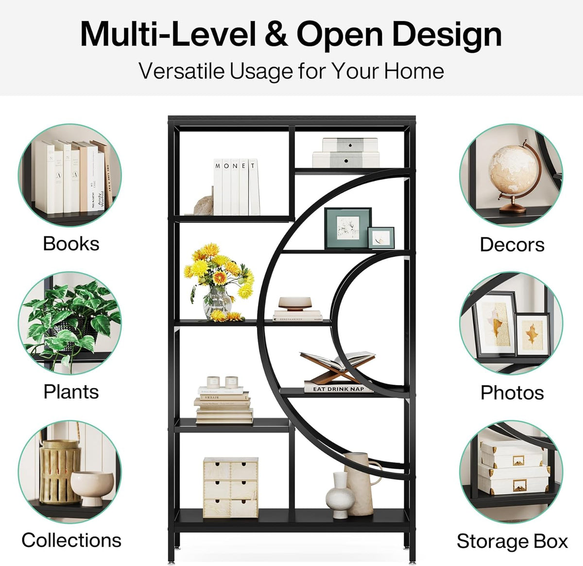 Tribesigns Geometric Bookshelf, Industrial 8 Tier Shelf Bookcase, Rustic Bookshelves Display Shelf, Freestanding Storage Organizer with 9-Open Storage for Home Office, Living Room, Bedroom