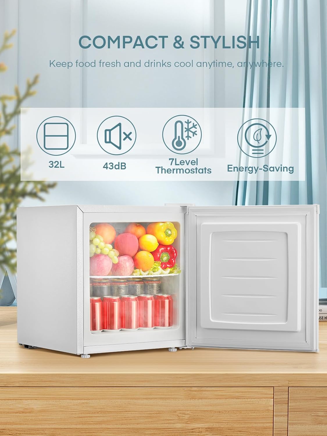 FOHERE Mini Freezer, 32L, Small Freezer with Reversible Door, Quiet, 7 Adjustable Thermostats for Hotel/Dormitory/Home/Office, Black - QUORE