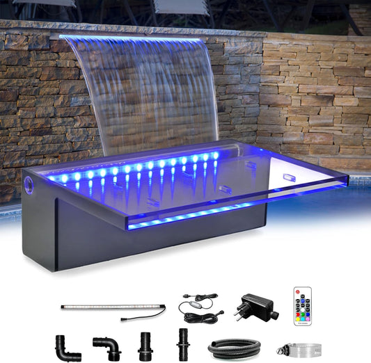 LONGRUN Zwembad Waterval Fontein, 30cm Vijver Watervallen Cascade, Acryl waterval Blad met 7 kleuren LED-licht, Compleet Waterval en Stroom Kits voor Buiten Tuin Vijver Zwembad Waterpartijen