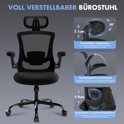Ergonomische Bureaustoel – Office Chair – Werkstoel – Computerstoel – Desk Chair – Verstelbare Hoofdsteun en Lendensteun – Ademend Mesh Met 140 Graden Kantelfunctie