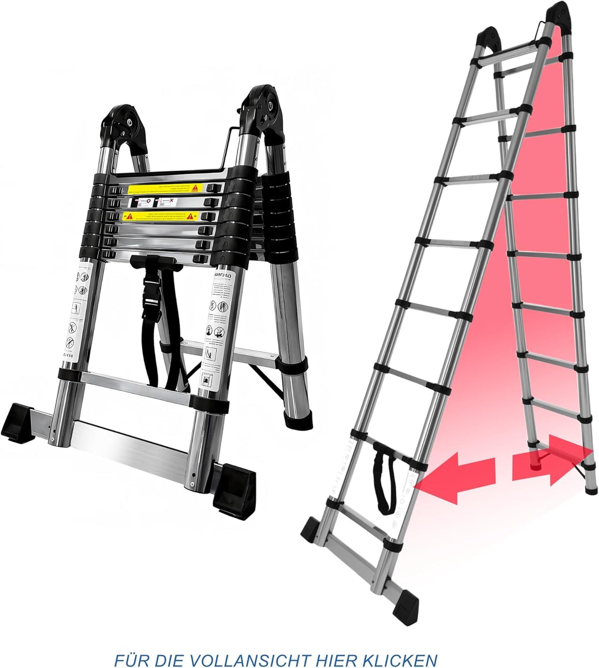 Brsheco roestvrijstalen telescoopladder opvouwbare ladder 5 m (2,5 + 2,5 m), uitschuifbare ladder 2-in-1 multifunctionele ladder, met stabilisator, breed toepasbaar, stepladder, huishoudladder, draagv
