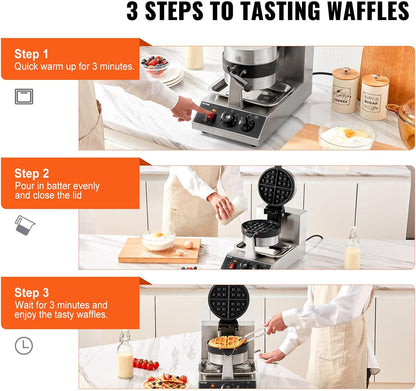 VEVOR Ronde wafelijzer wafel 1300 W, contactgrill Belgisch wafelijzer 4 stuks roestvrij staal wafelautomaat incl. voedselclip & borstels & brandveilig handvat, voor cafés, restaurant enz.