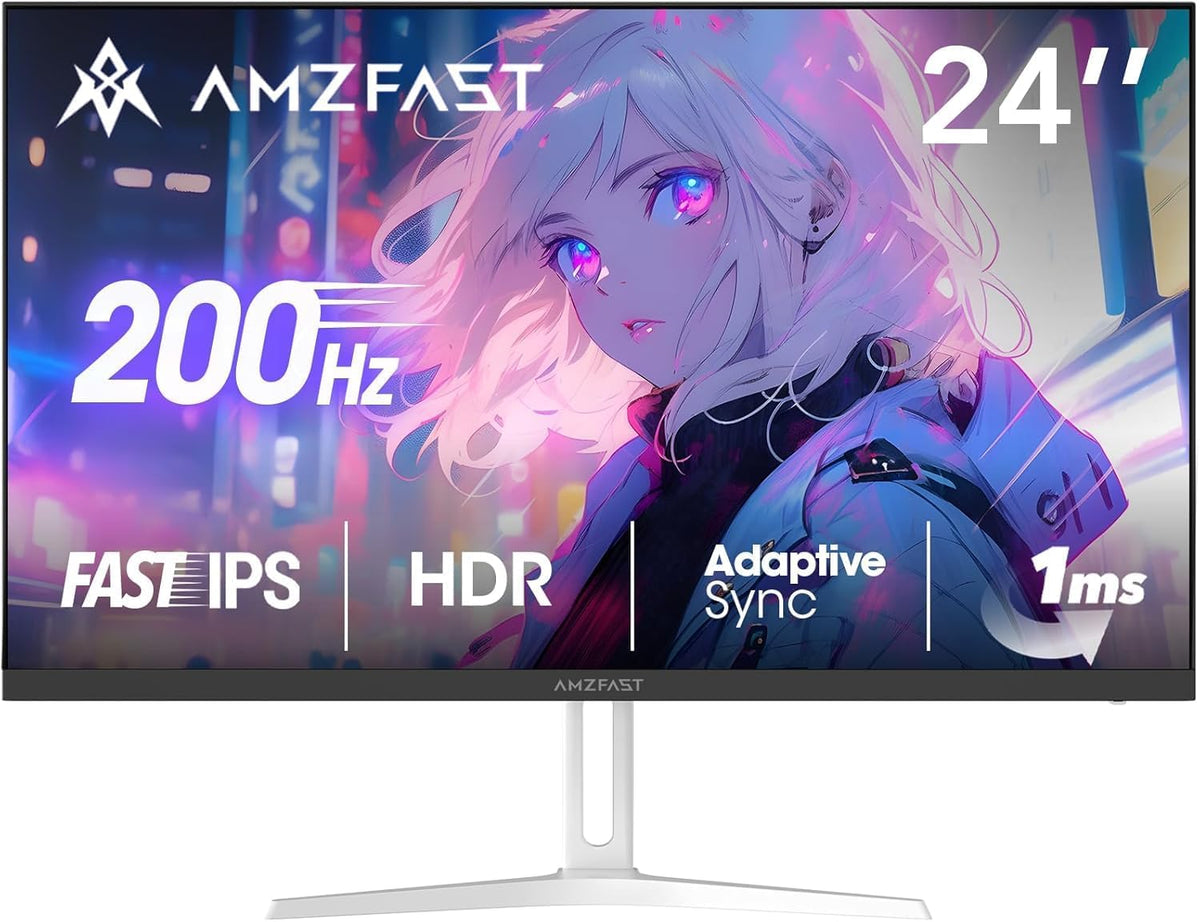 Monitor da Gaming Amzfast 24 Pollici - 200Hz, FHD 1920x1080, Fast IPS, 1ms MPRT, 80% DCI-P3, 110% sRGB, HDR, Anti-Luce Blu, Adaptive Sync, VESA 75x75, HDMI 2.0/DP 1.4, Bianco - AMZG24X1W - QUORE