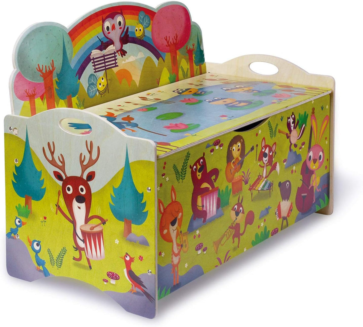 Dida - Concert in het Bos, Houten Speelgoedkist, Grote Houten Opbergkist en Speelbank voor Kinderkamers, Montessori Meubilair