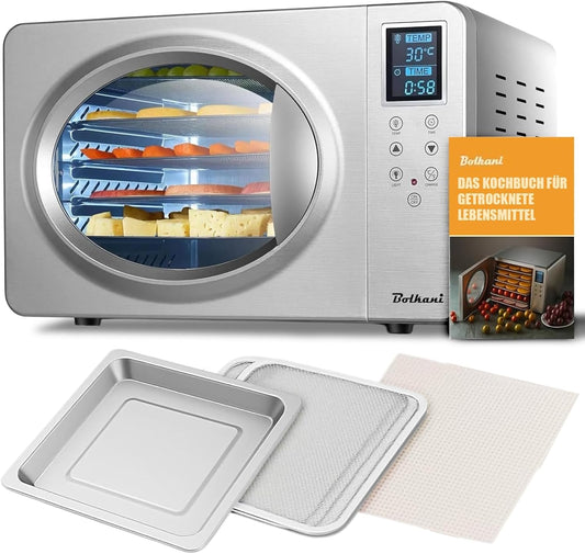 Voedseldroger van roestvrij staal, 6 tablets, 500 W, led-display, 30-90 °C, 24-uurs timer, stille werking, inclusief lekbak en droogmat voor fruit en vlees