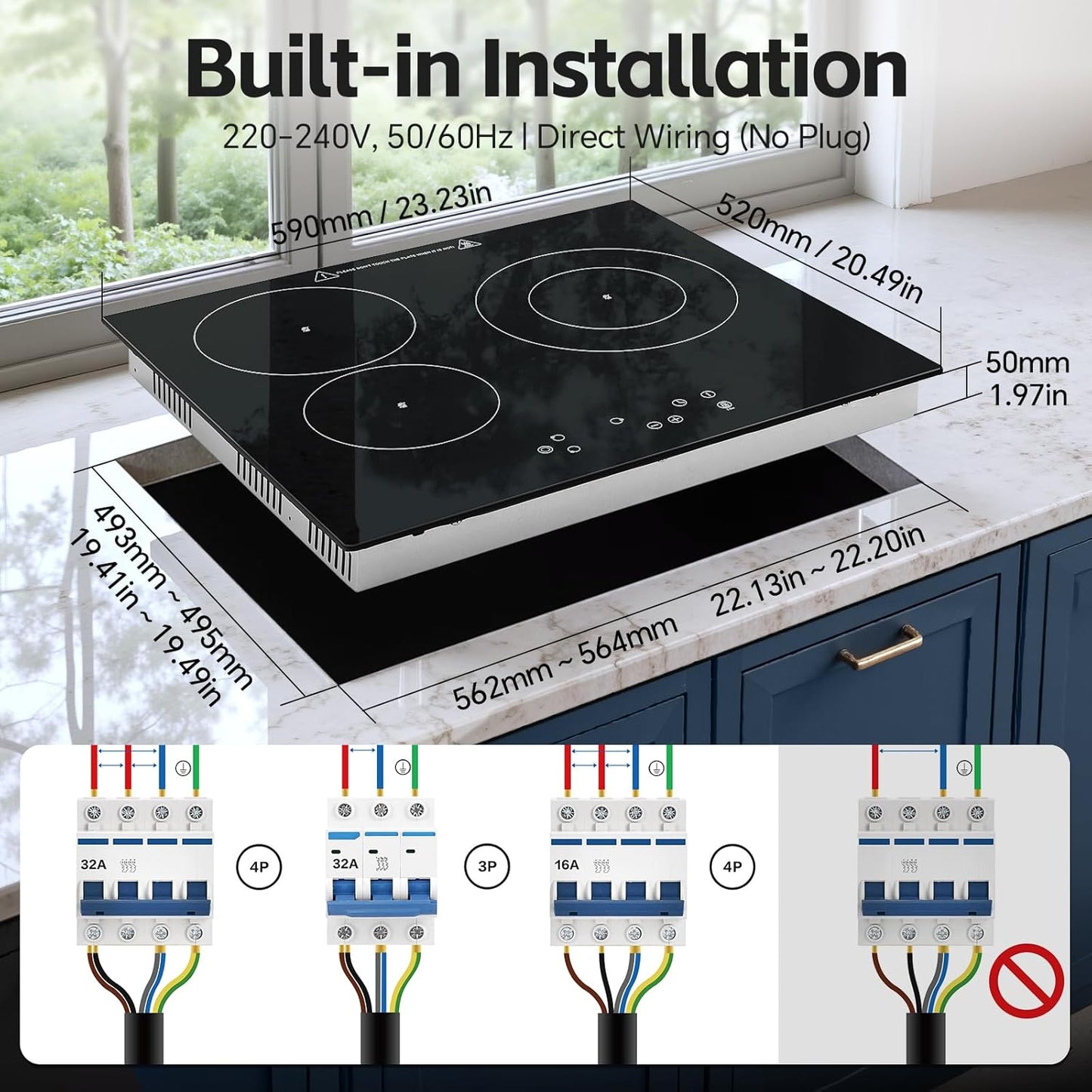 Keramische Kookplaat – Inbouw Kookplaat – 3 Zones Kookplaat – Elektrische Kookplaat – Glaskeramische Kookplaat – 5400 W Vermogen – Touch-Bediening Met Timer