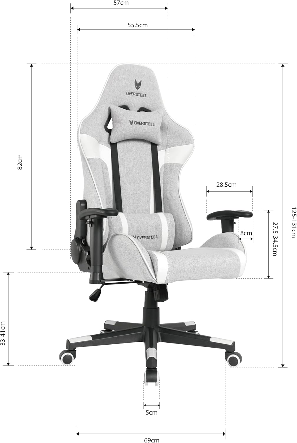 Oversteel - ULTIMET professionele gamestoel, ademende stof, 2D armleuningen, in hoogte verstelbaar, 180° verstelbare rugleuning, gaszuiger klasse 3, tot 120 kg, grijs/wit