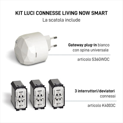 BTicino Living Now Smart SKW3601KIT, voor het in- en uitschakelen van lichten met smartphone of met spraakassistent, bestaande uit 1 gateway plug-in wit S36GWDC en 3 aansluitingen K4003C