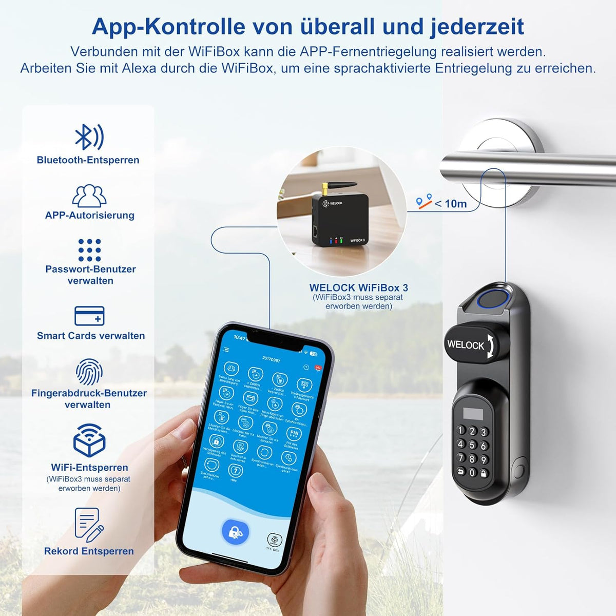 WELOCK U81 Deurslot, vingerafdruk, elektronisch deurslot, code met RFID-kaart, app, wifi, vingerafdrukslot, huisdeur, IP65, slim slotcilinder voor deuren van 60-115 mm, Smart Lock