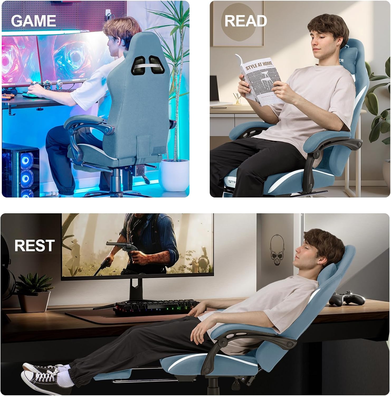 GTPLAYER Gaming Chair, Gamers Chair, Breathable Office Chair Made of High Quality Fabric, Ergonomic PC Chair, Adjustable and Swivel Office Chair with Footrest, Blue - QUORE