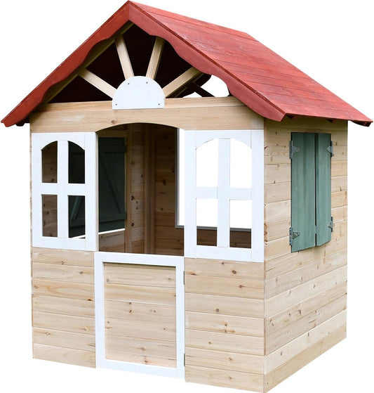 dobar® Kinderspeelhuis van hout met ramen en deuren, speelhuis, outdoor, bouwpakket met eenvoudige montage, kinderhuis voor tuin, rood, 115 x 102 x 125 cm