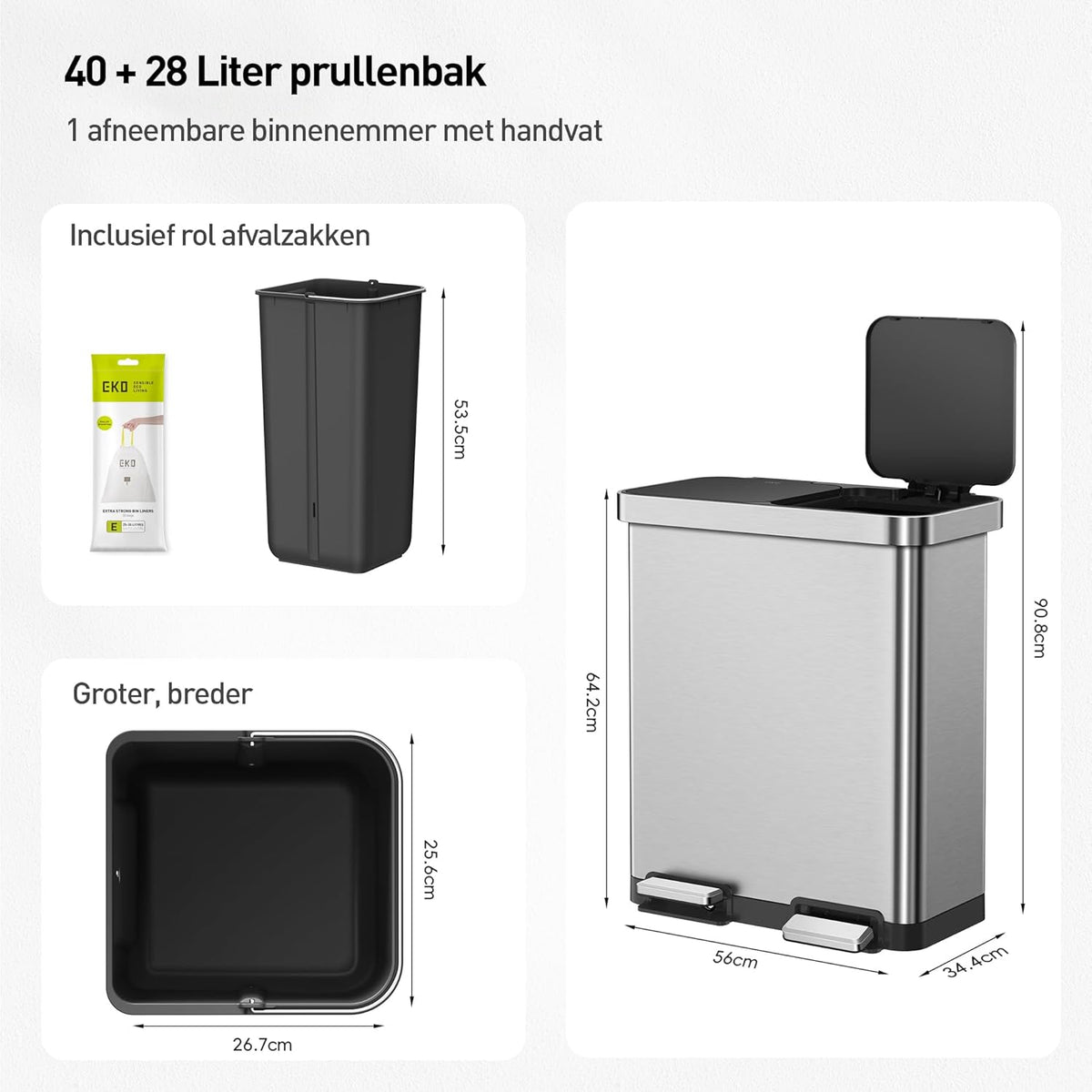 EKO Deluxe Prullenbak 2 Vakken, 40 + 28 liter, Recyclebare Vuilnisemmer, 12 vuilniszakken, Afvalscheiding met uitneembare binnenemmer, duurzame pedalen, soft closing, Vingerafdrukbestendig